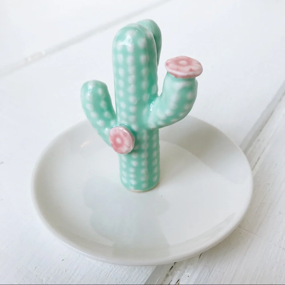 Anthropologie Mint Green & Pink Cactus Jewelry Ring Holder